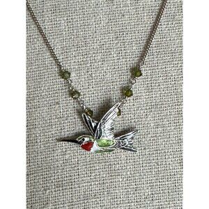 Hummingbird Pendant Necklace With Green Beads On Silver Chain 18 Inches Dainty